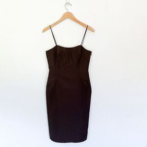 Worth Women’s Brown Taffeta Pencil Spaghetti Strap Silk Blend Fitted Square Neck